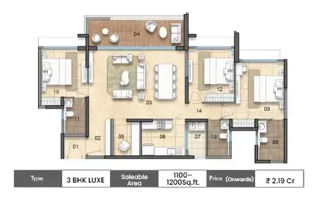 Lodha Elanza 3 BHK floor plan, 1100 sq ft carpet area