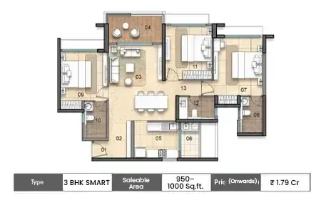 3 BHK 950–1000 SqFt